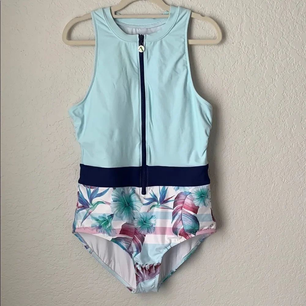 NEXT Swimsuit One Piece Zip Up Light Blue and Floral Design Women’s Size XL